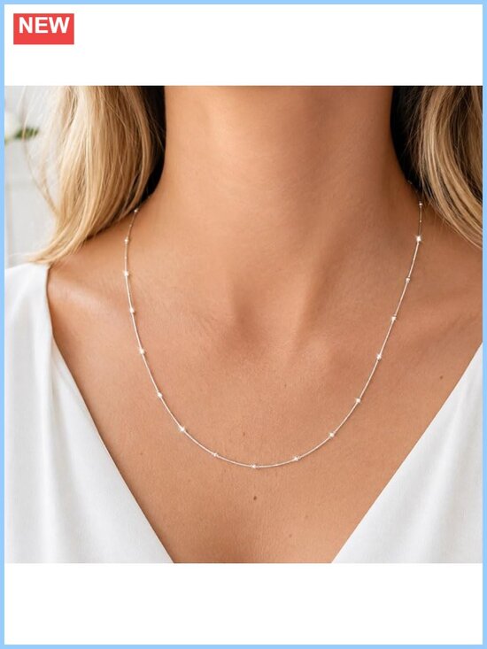 Jewelry - 925 Sterling Silver Beaded Pendant Necklace Dainty Bar Charm Adjustable